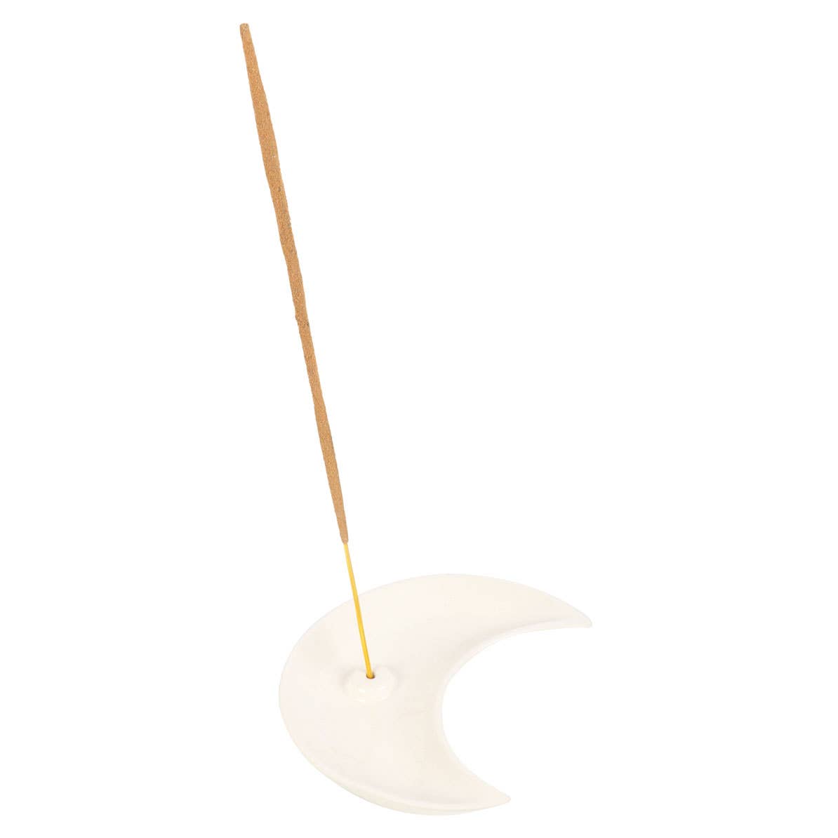 Incense holder shaped like a crescent moon with a single incense stick on a white background