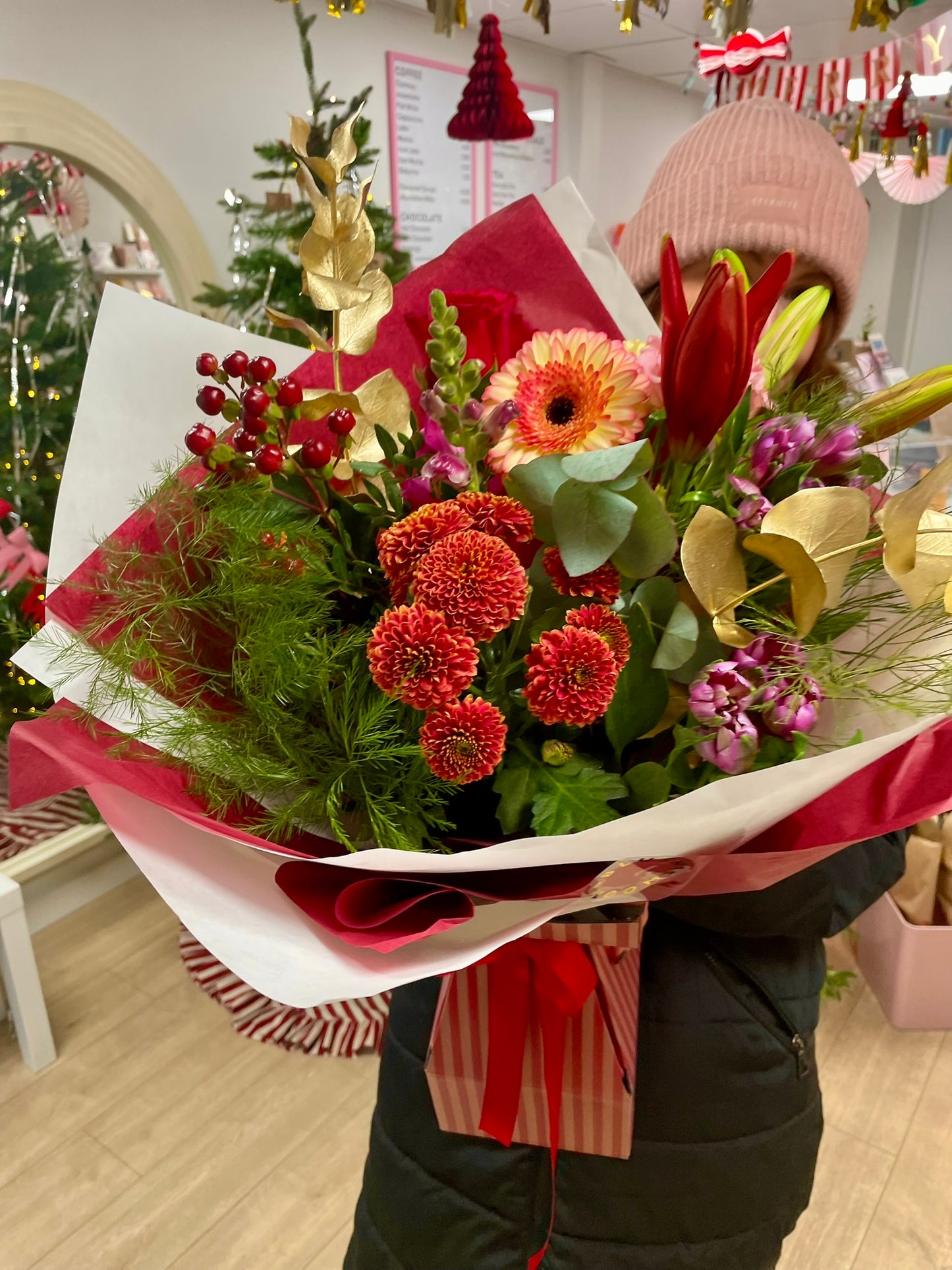 Festive bouquet inside Blush Blooms Stonehaven
