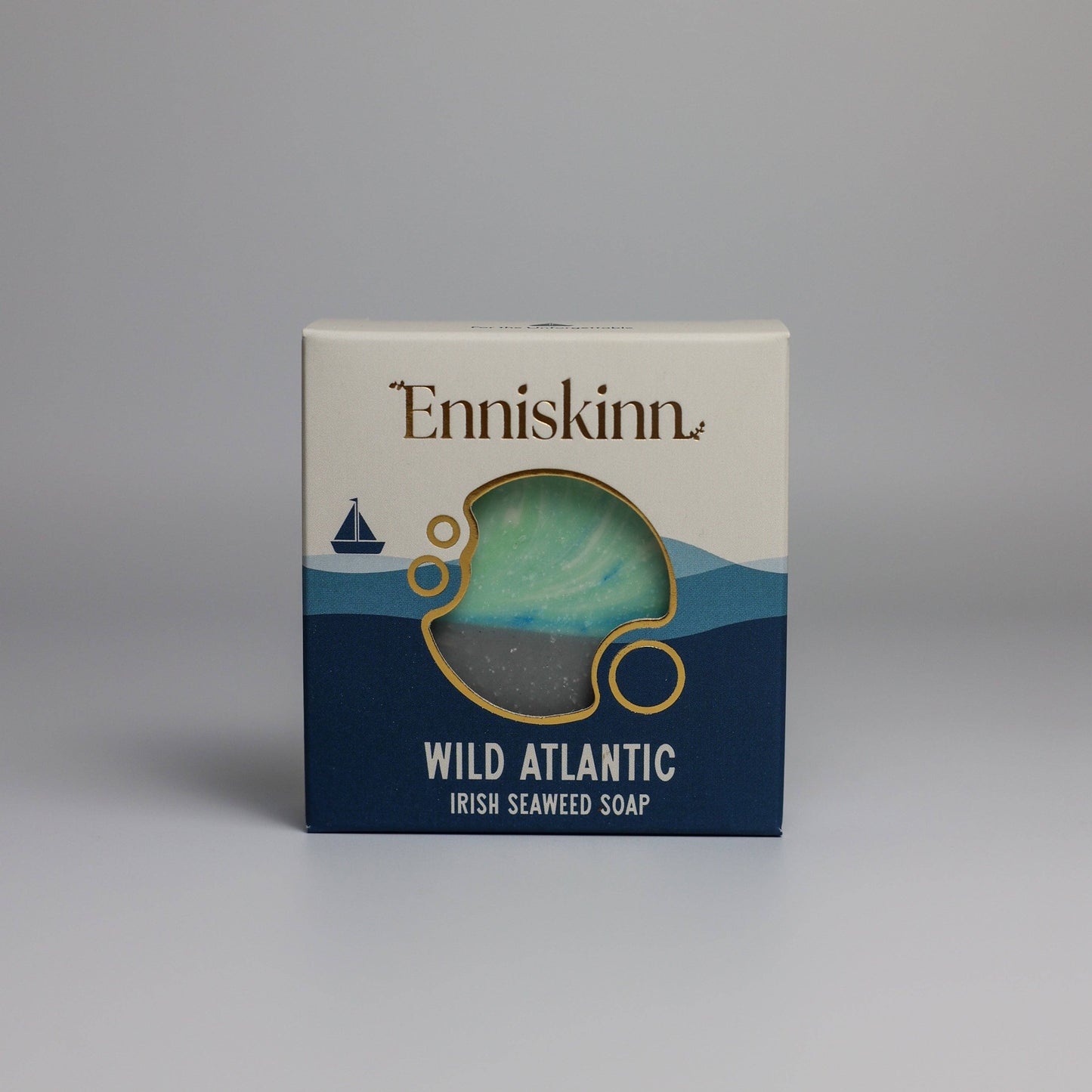 Enniskinn Wild Atlantic Irish Seaweed Soap packaging on a gray background
