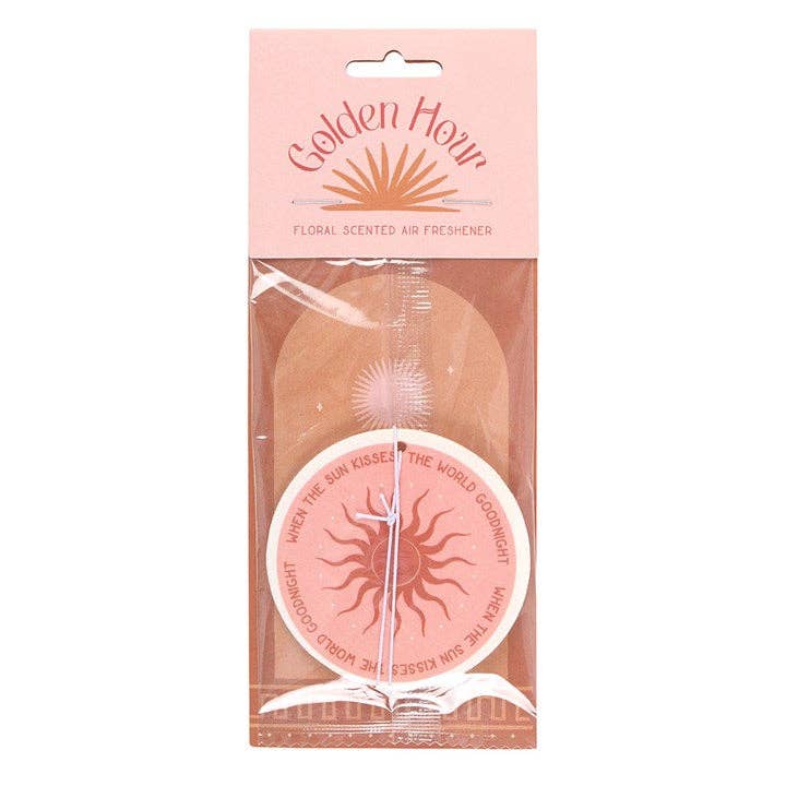 Air freshener with 'Golden Hour' branding on a white background