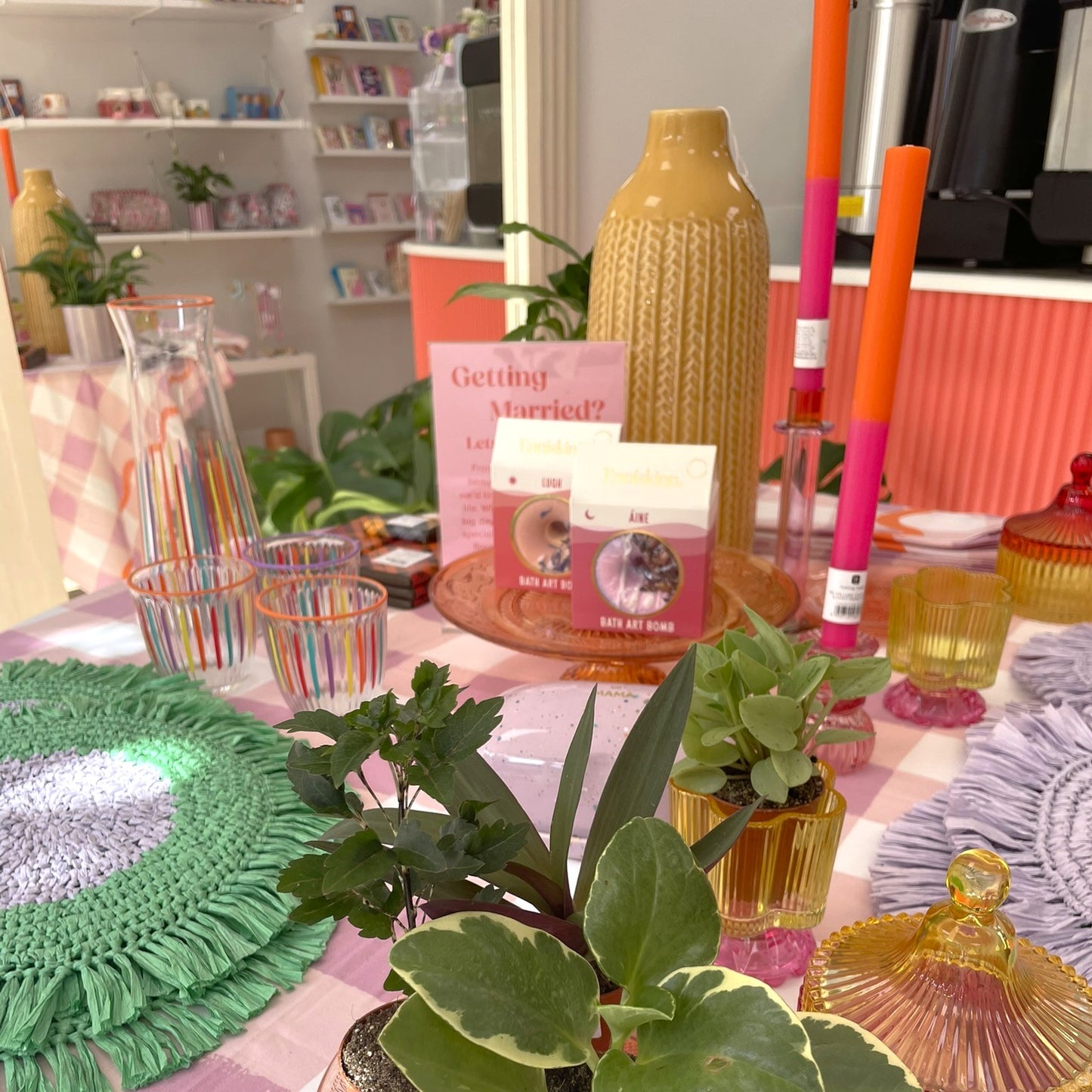 Blush Blooms interior table display with gifts and homeware
