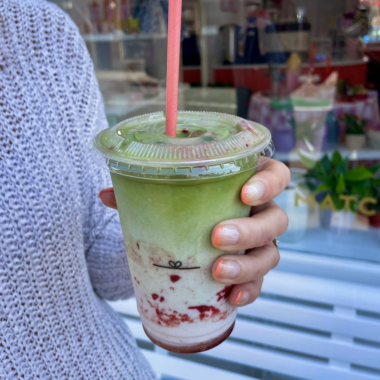 Blush Blooms iced strawberry matcha latte