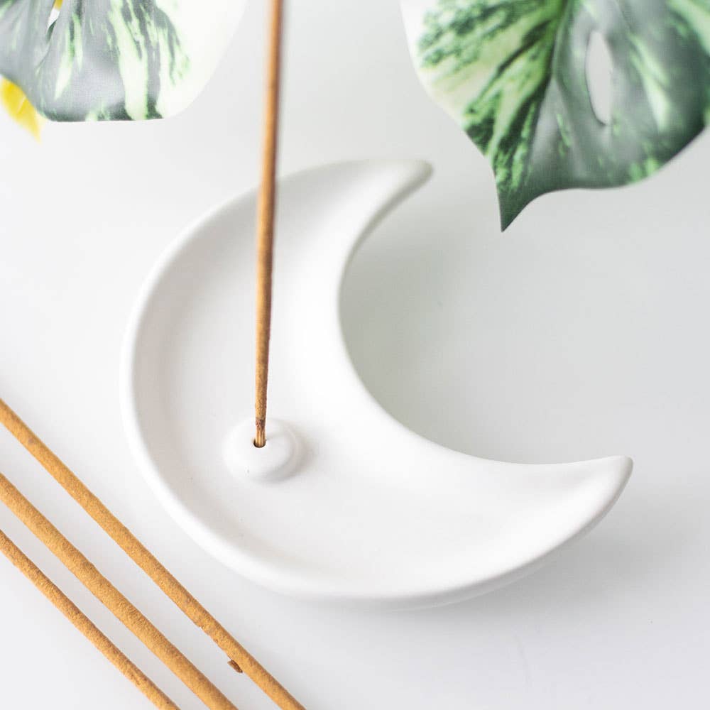 White Crescent Moon Ceramic Incense Holder Plate