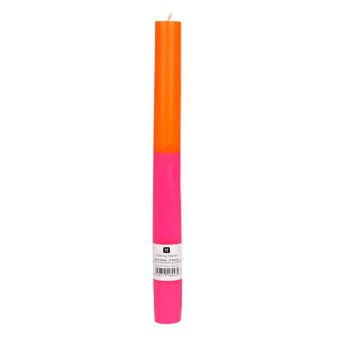 Two gradient candles, one orange to pink and one pink to orange, on a white background.