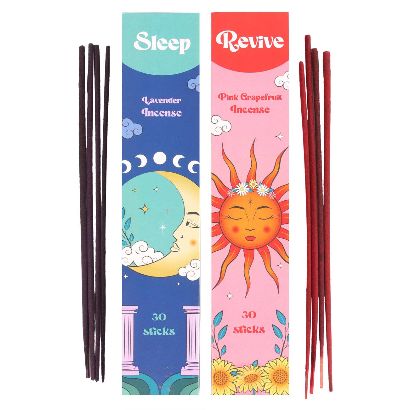 Incense sticks with 'Sleep' and 'Revive' packaging on a white background