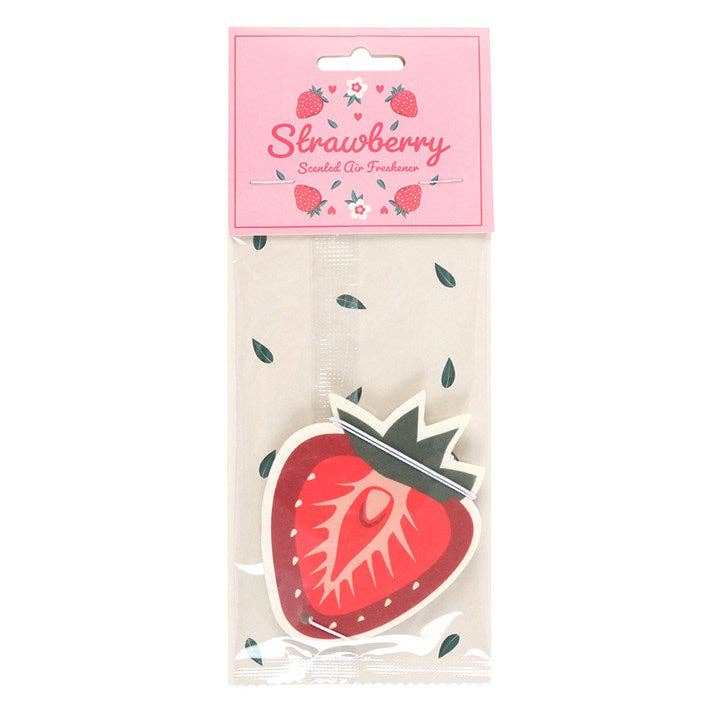 Strawberry-scented air freshener packaging with pink top and white body.