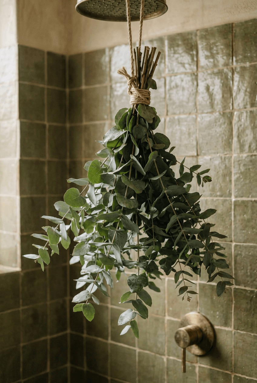 Close-up of a fresh eucalyptus shower bunch tied with natural twine