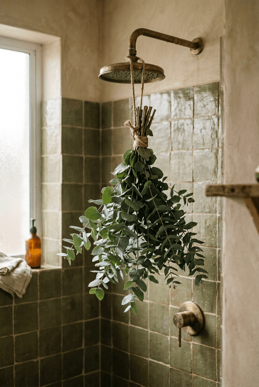 Fresh eucalyptus shower bunch tied with natural twine and hanging in a tiled shower
