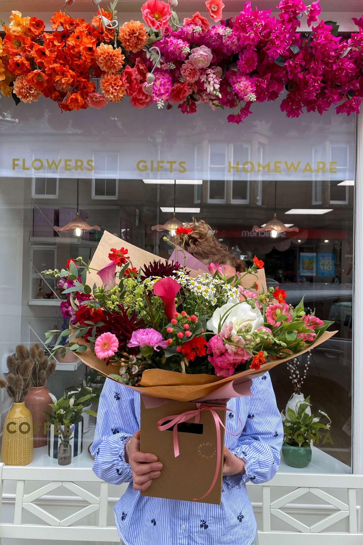 Seasonal bouquet outside Blush Blooms florist shop in Stonehaven