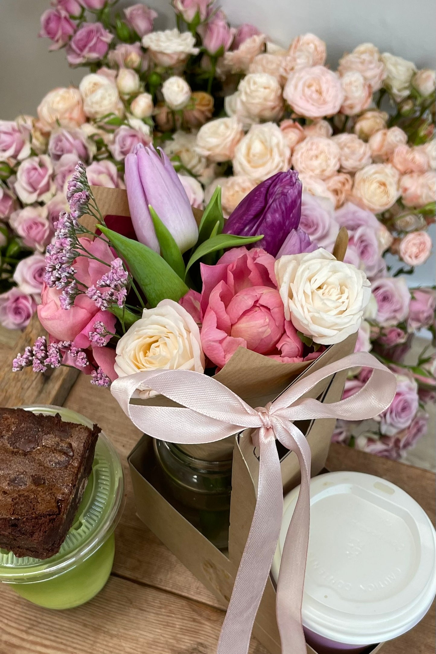 Sweet Thing Valentine’s gift featuring coffee or matcha, cake and a spring posy