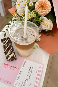 Thank You Posy with iced coffee, cake and Blush Blooms gift voucher for a teacher gift.