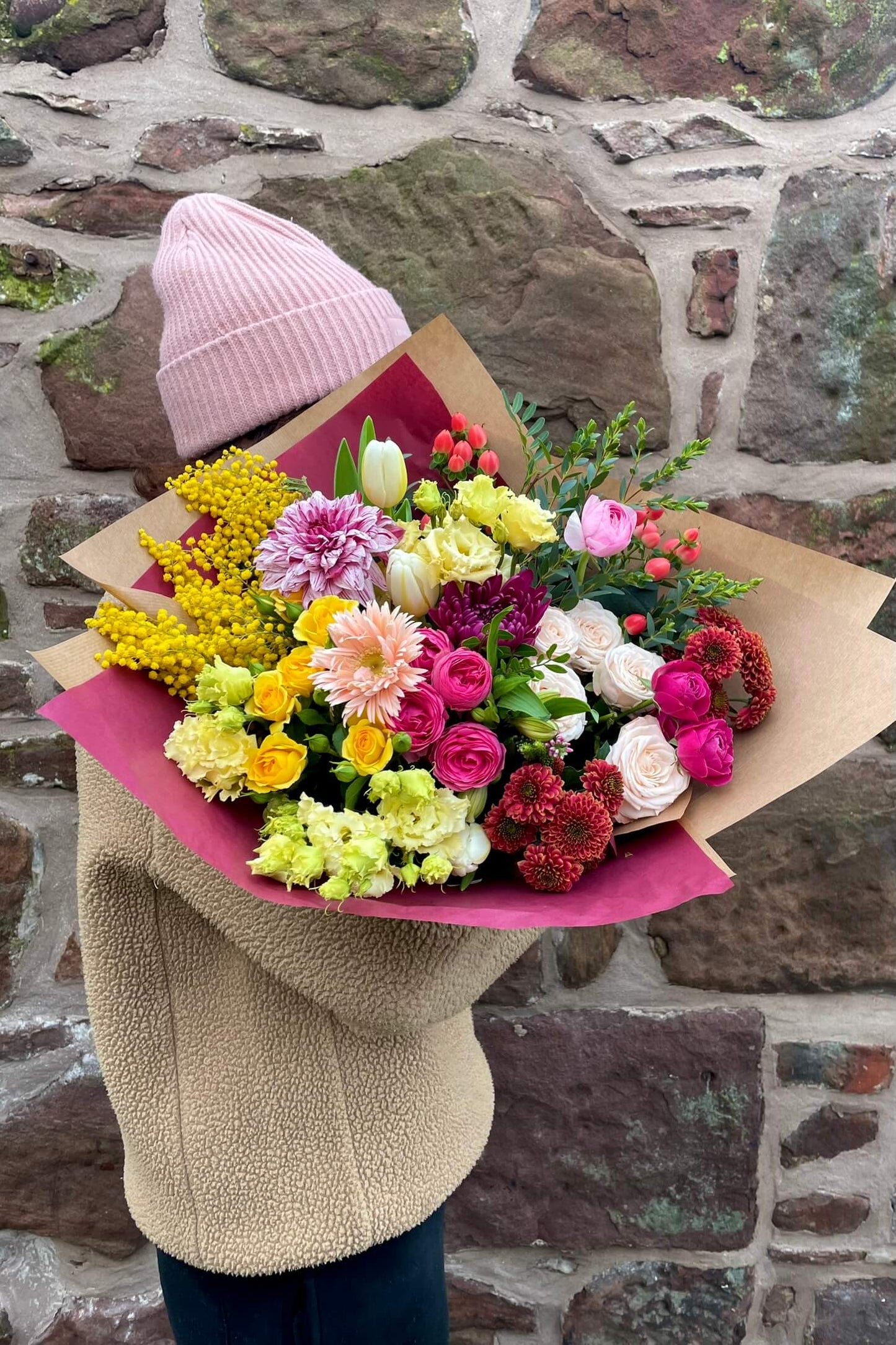 The Florist’s Choice seasonal bouquet with mixed flowers, hand-tied and wrapped